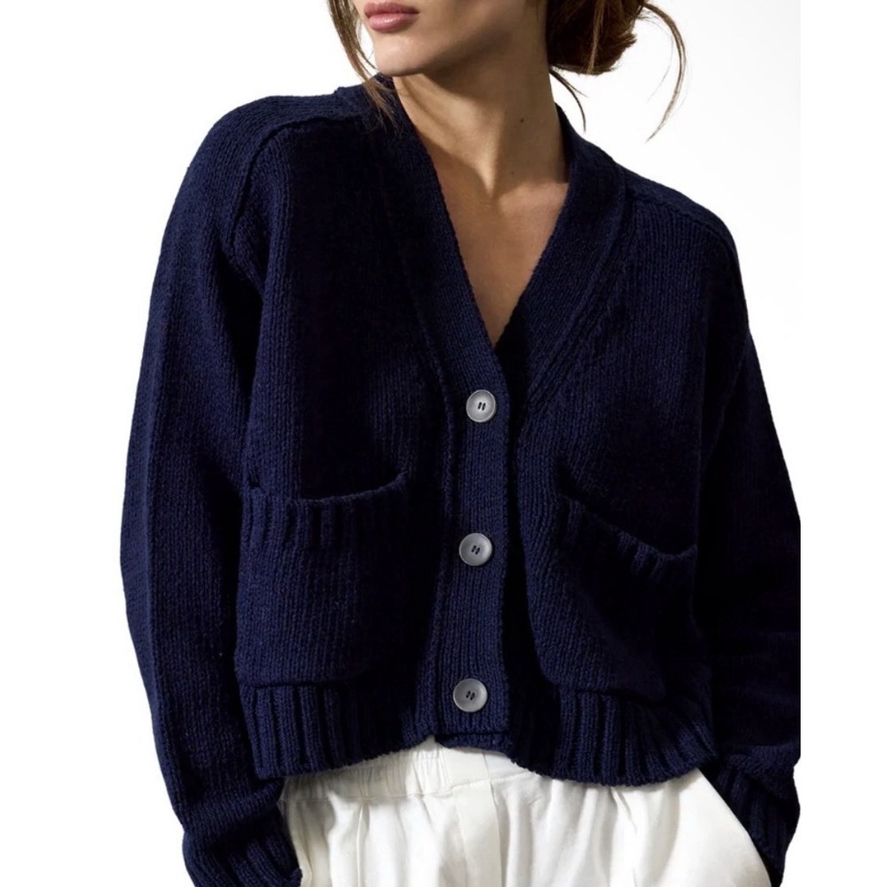 Brochu Walker M The Cropped Cardigan Cotton Linen Blnd Navy Boxy Sweater $398